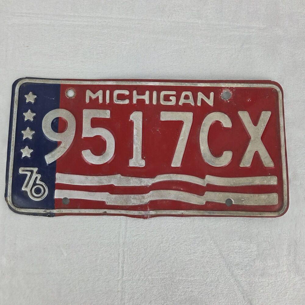 1976 Michigan Bicentennial License Plate 9517CX Red White Blue With 1978 Tag